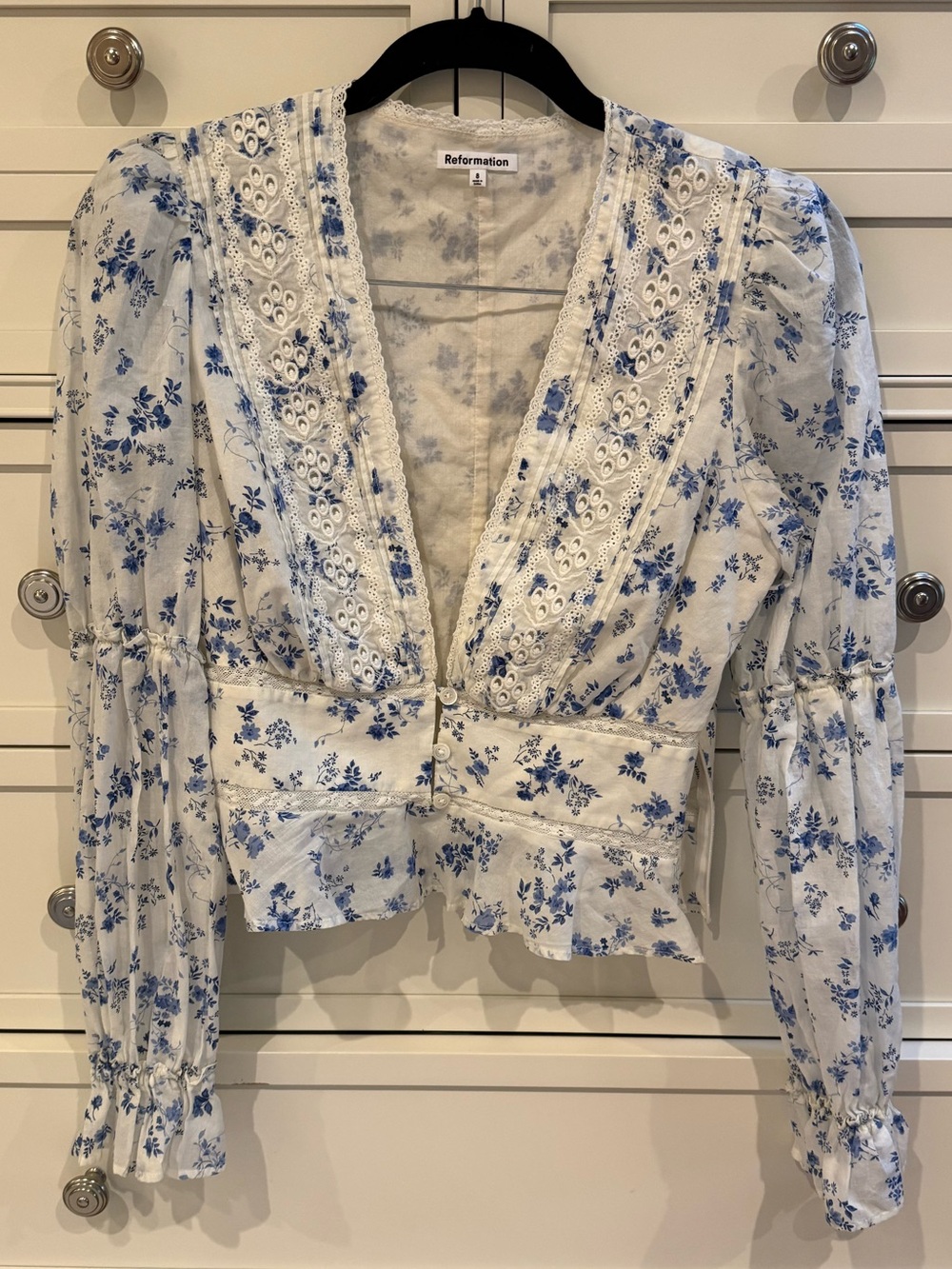 Reformation White and Blue Floral Lace-Trim Peplum Top like new